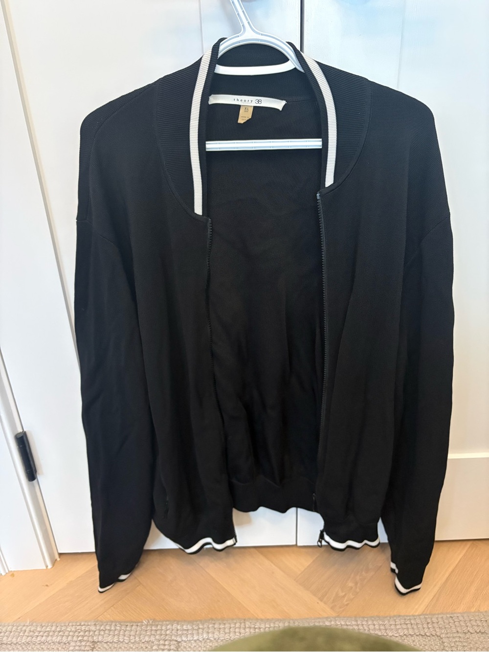 Theory Black Zip-Up Sweater with White Contrast Trim